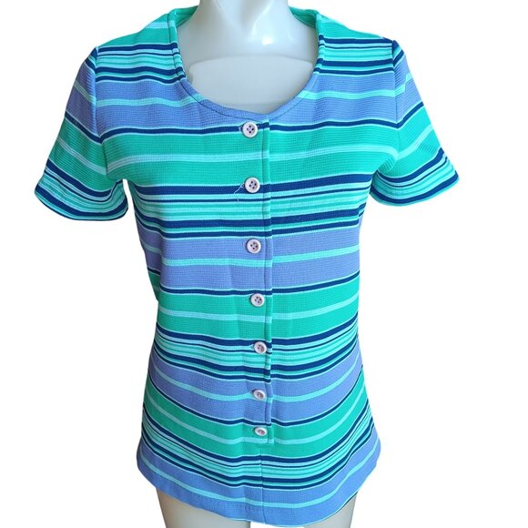 1OF1 Medium Vintage Mom Top 1980's Striped Button-Up Pullover Handmade Stretch - Picture 2 of 6